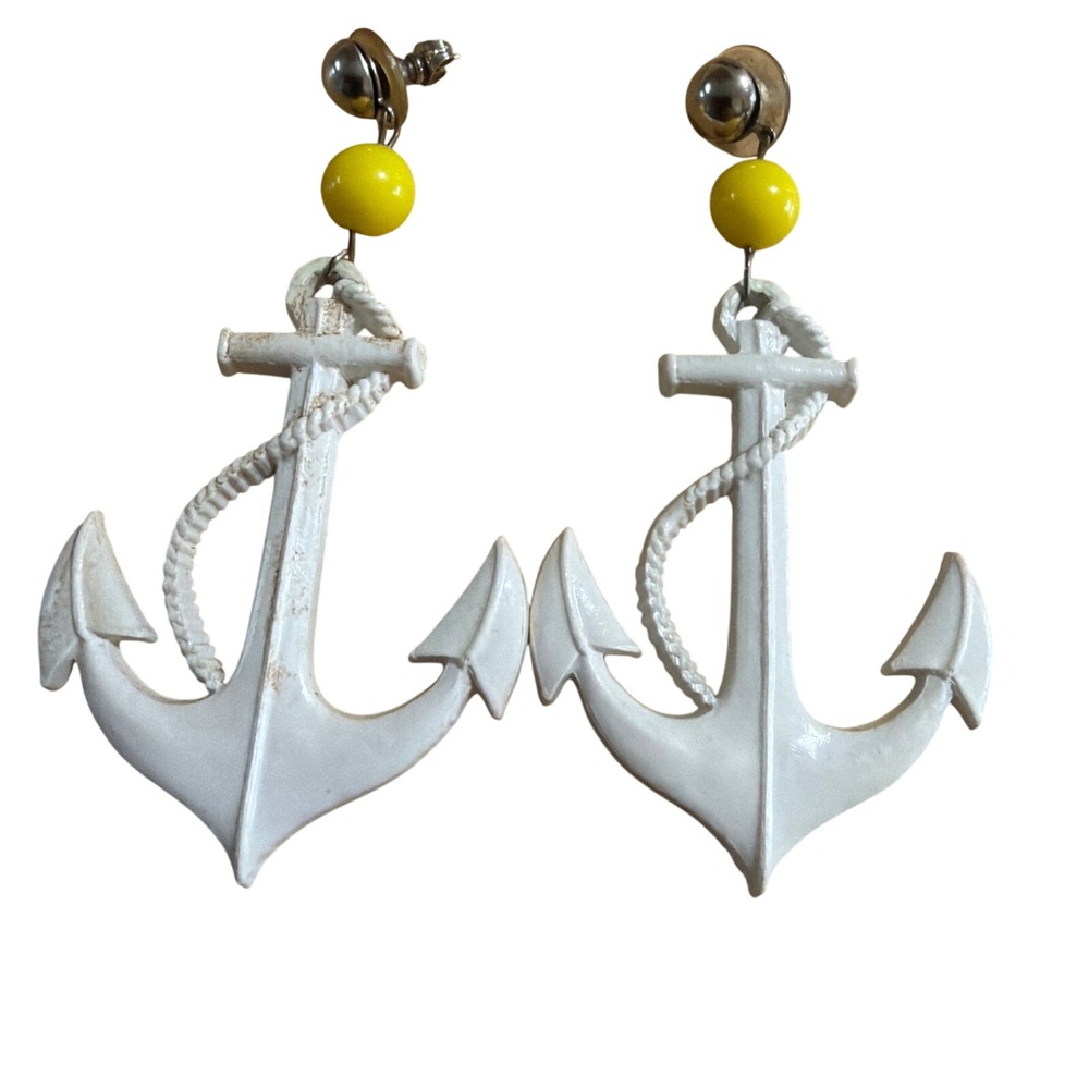 Vintage Style White Anchor Drop Earrings Yellow Bead Nautical Sailor Coastal